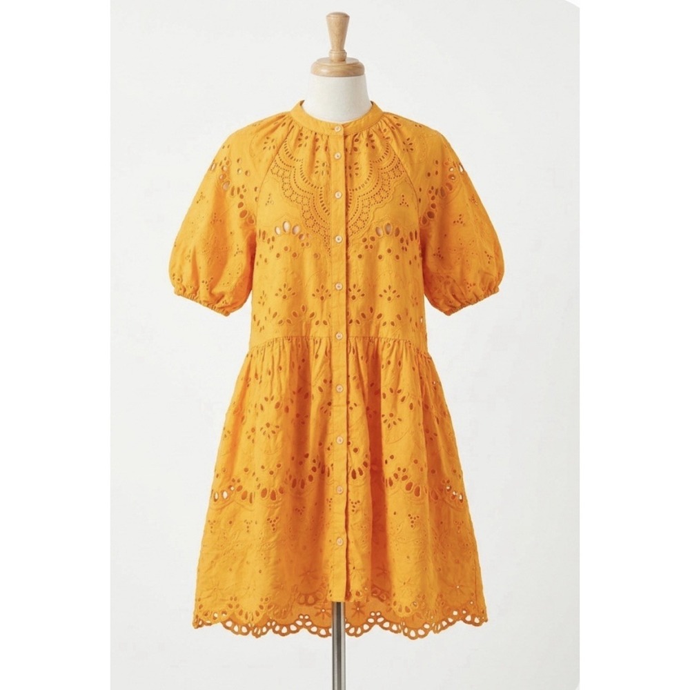 Anthropologie Yellow Eyelet Cotton Lace Mini Dress S Short Sleeve Button Front